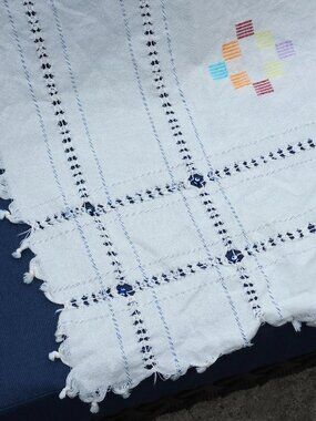 Handmade White Embroidered Evil Eye Style Throw Blanket Tassels